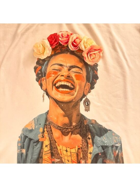 Hand Crafted Tops - Frida Kahlo tshirt with 3D Floral Accents